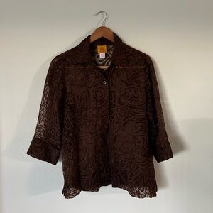 Ruby Rd Vintage Brown Sheer Textured Button Down Blouse - Like New! - Size 8